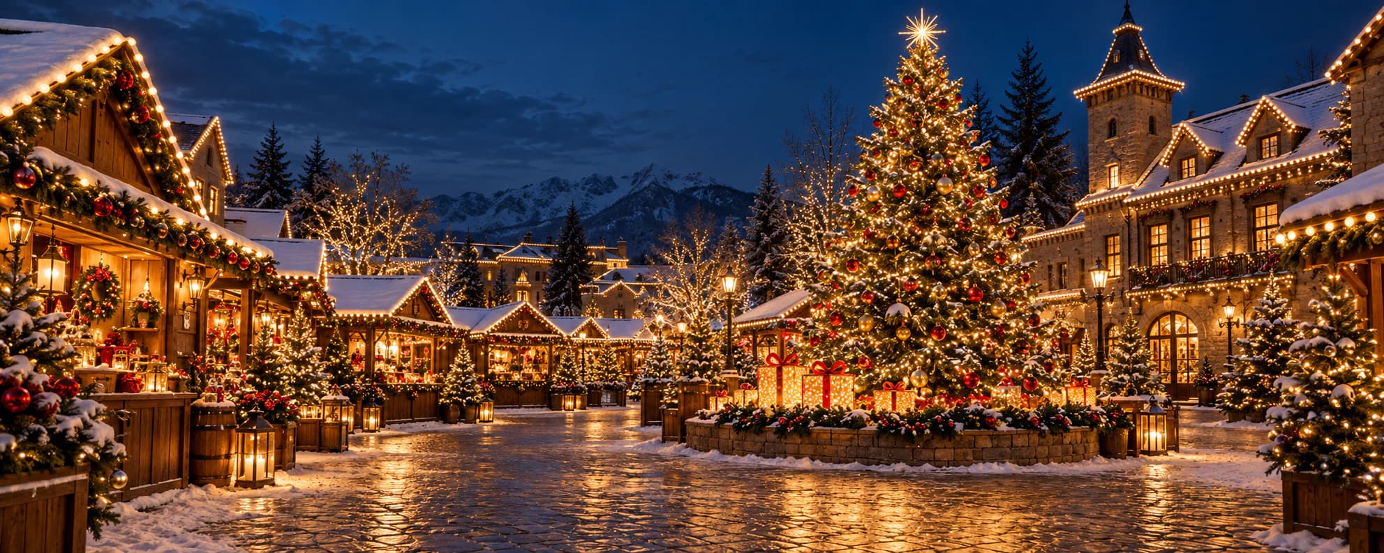 Commercial Christmas lighting installation across a snow-covered market square
