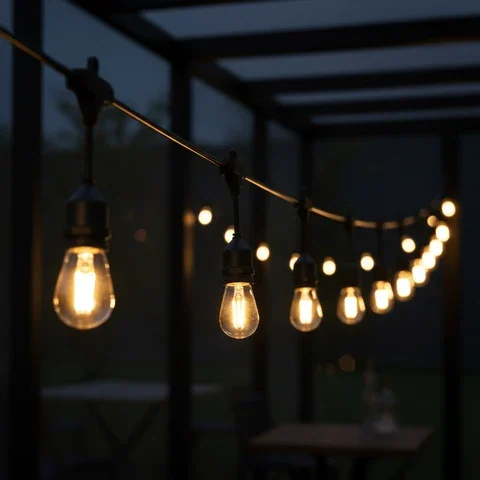 Warm-white commercial string lights installed beneath an outdoor pergola
