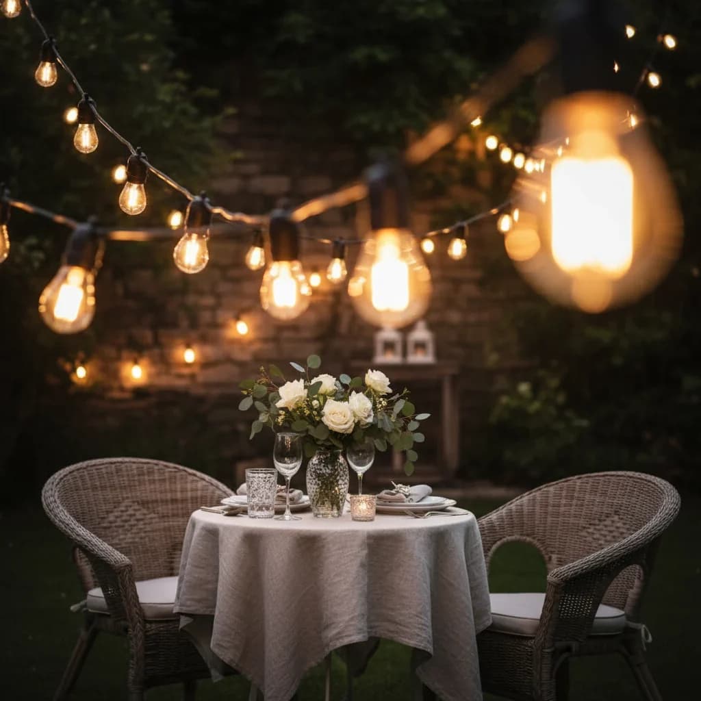 Commercial bistro string lights illuminating an outdoor dining table