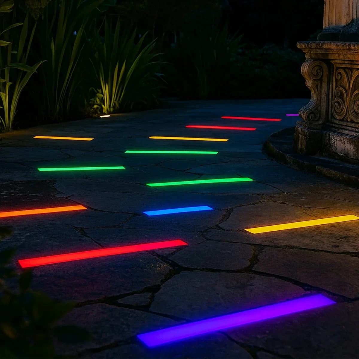 Color-changing LED strip lights integrated into an outdoor pathway