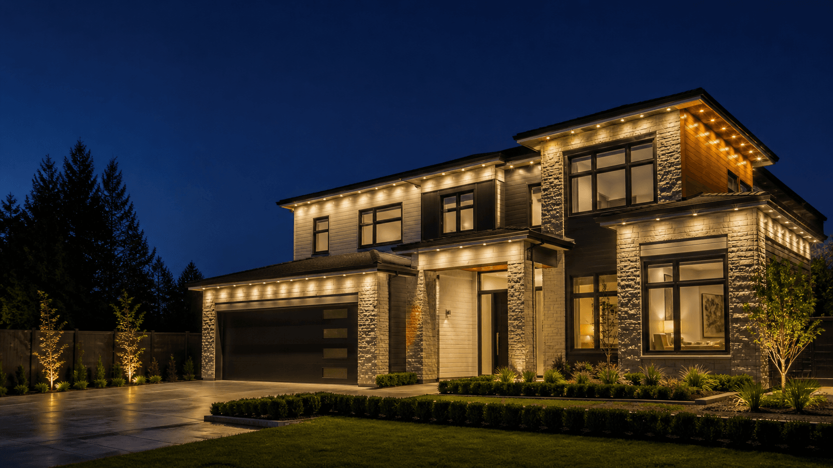 Contemporary home with warm-white permanent lighting installed along the roofline