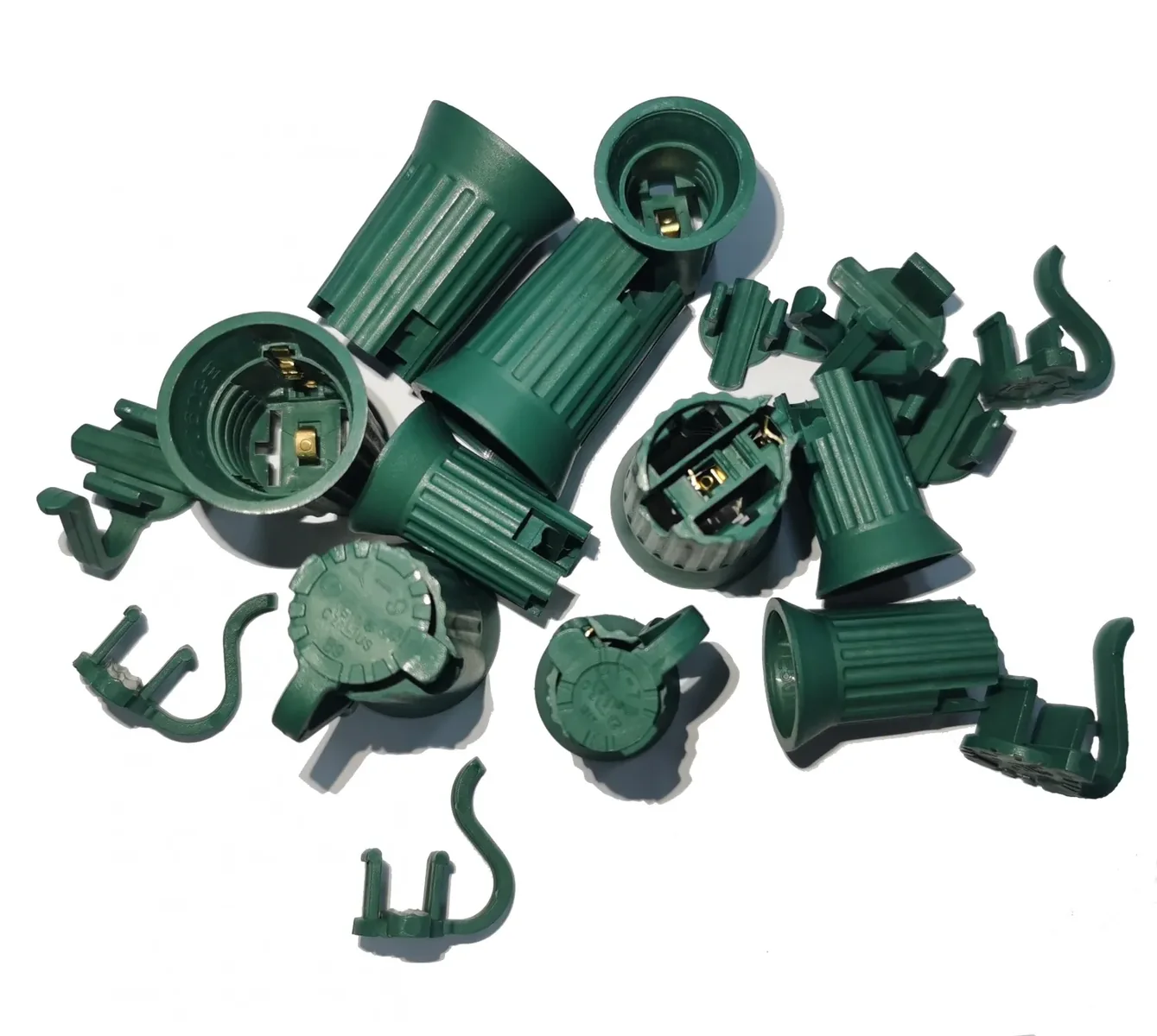 Green replacement Christmas light sockets with mounting clips