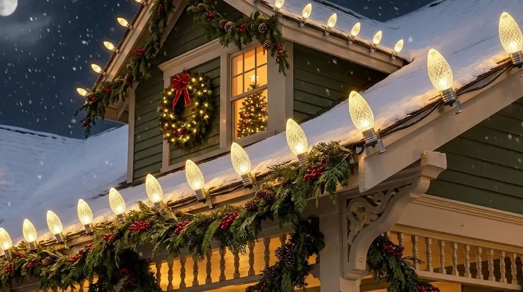Warm white C7 faceted LED Christmas bulbs installed along a decorated snowy residential roofline