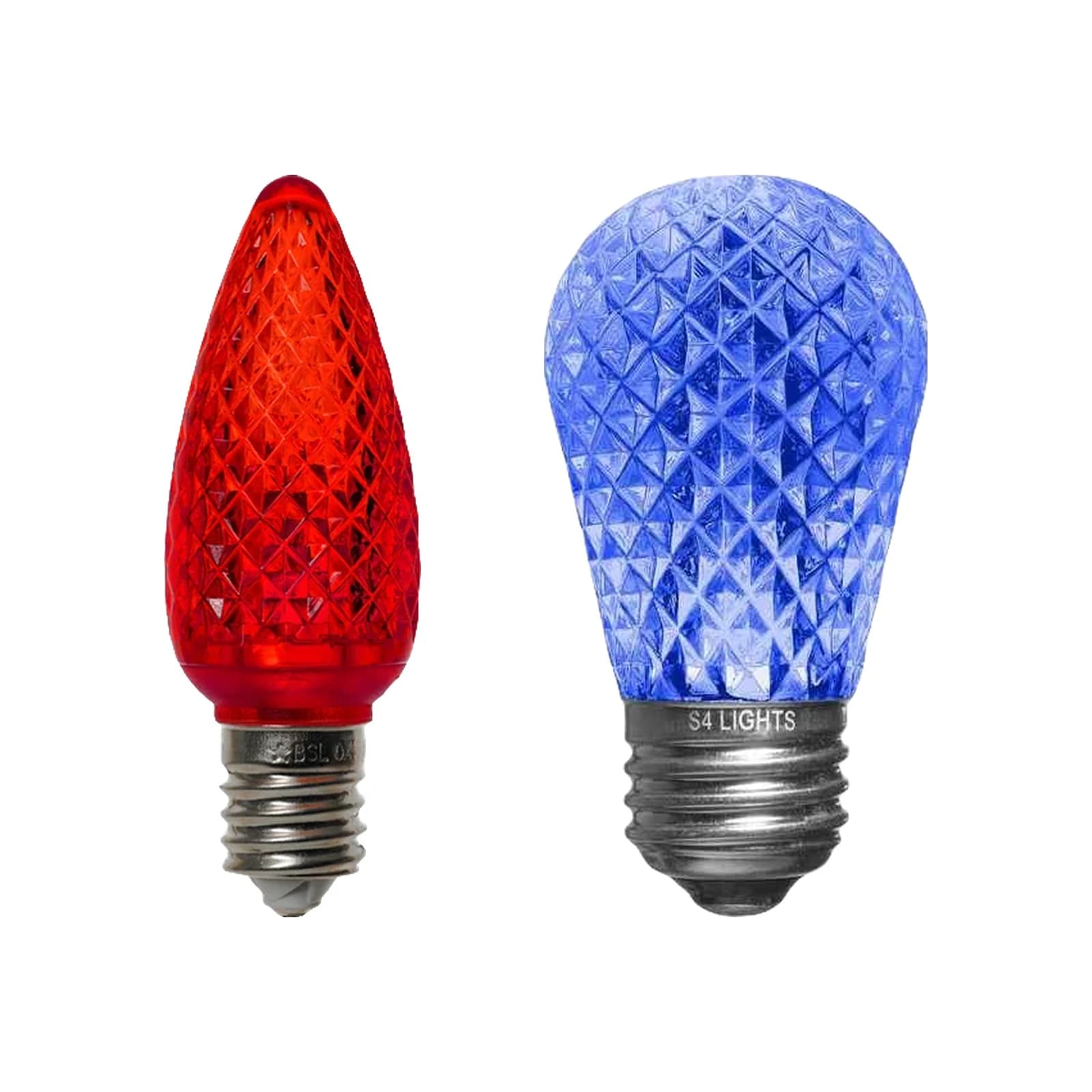 Faceted C9 and S14 LED replacement bulbs for commercial string lights
