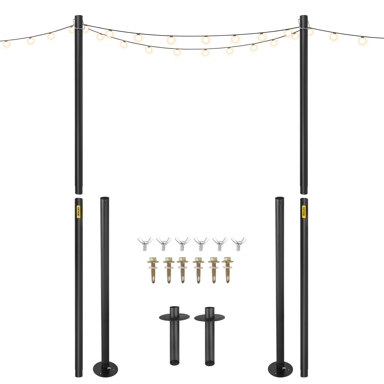 Black commercial string light poles with bases and mounting hardware