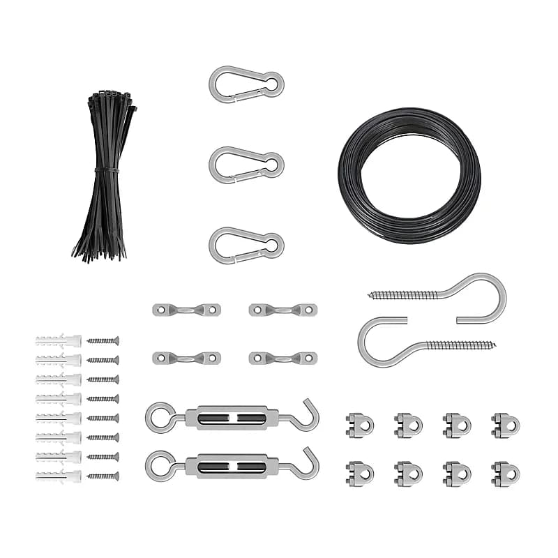 Guide wire, turnbuckles, clamps, hooks, anchors, and ties for string light installation