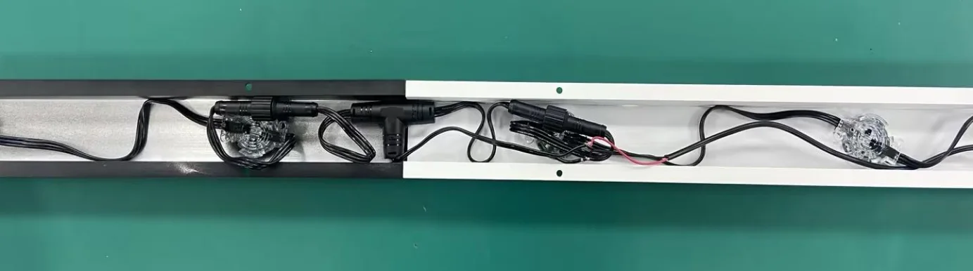 Completed RGBW pixel light power injection wiring concealed inside aluminum track