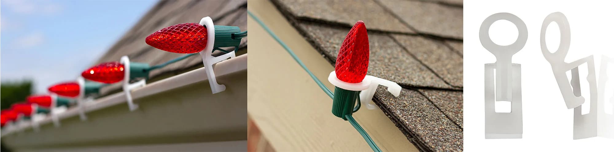 C9 bulbs installed with all-in-one clips on gutter and shingle roof edges