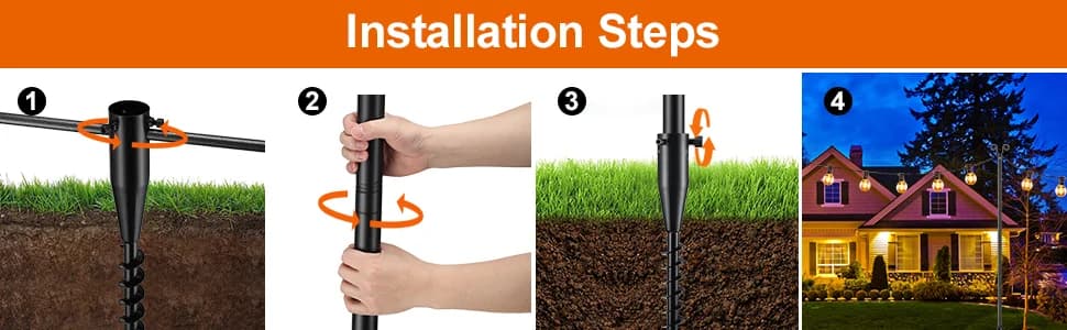 Four-step diagram for installing a commercial string light support pole in soil