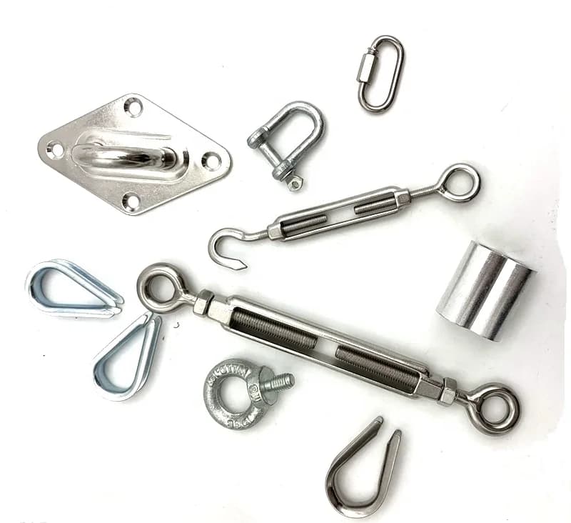 Turnbuckles, cable thimbles, links, eye bolts, and mounting plate for string light suspension