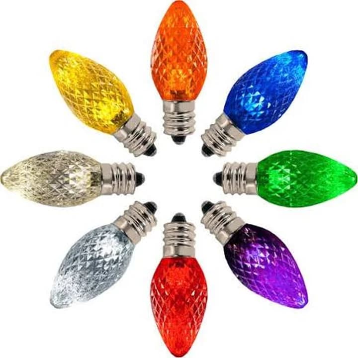 C7 faceted LED Christmas retrofit bulbs in multiple project colors