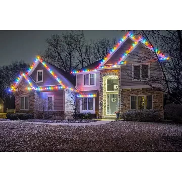 C7 opaque LED Christmas bulbs installed around a residential roofline
