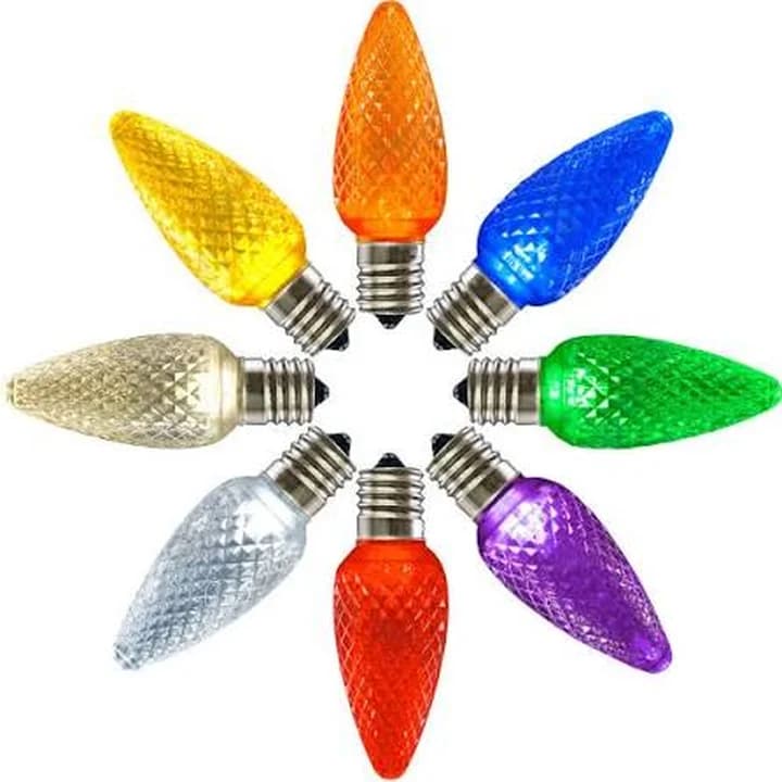 C9 faceted LED Christmas retrofit bulbs in multiple project colors