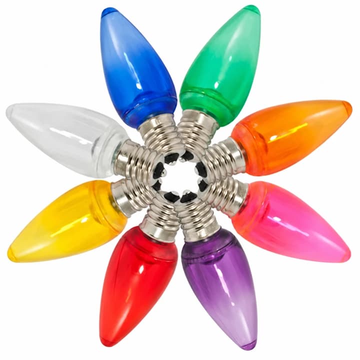 C9 transparent LED Christmas bulbs in multiple project colors