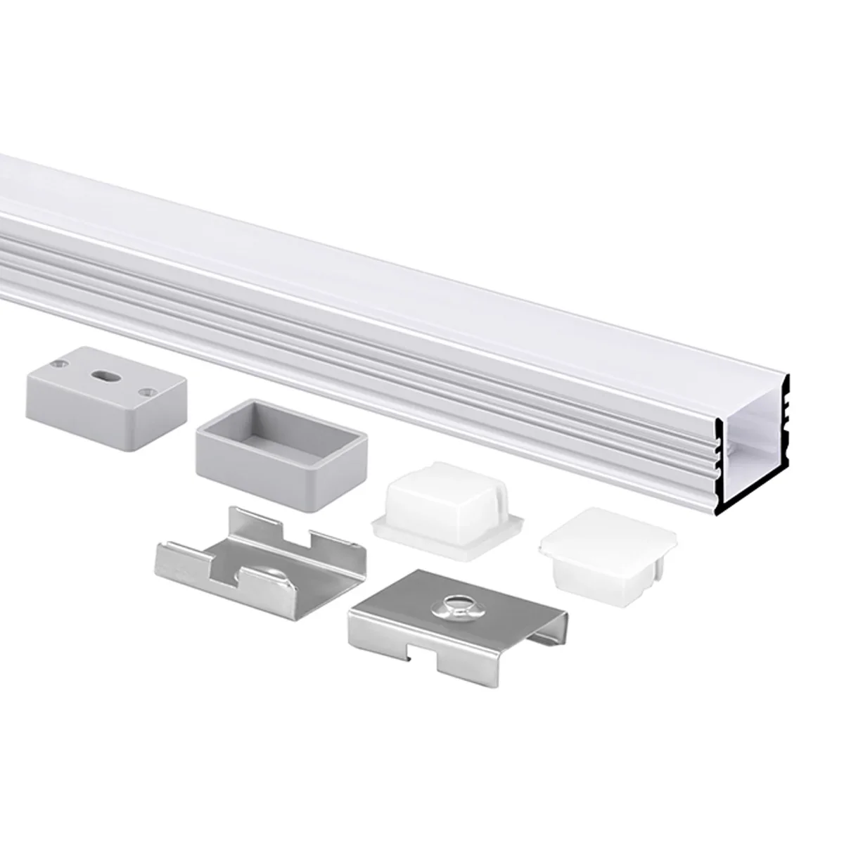 LED strip aluminum profile with diffuser, end caps, and mounting clips