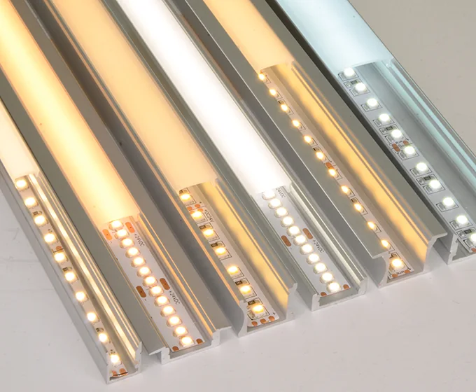 White LED strips installed in several aluminum profile and diffuser options