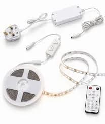 Complete LED strip light kit with strip reel, driver, controller, remote, cable, and plug
