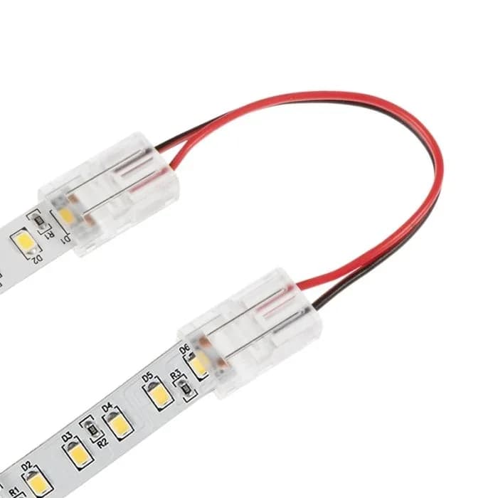 Two-wire solderless connector joining a single-color LED strip