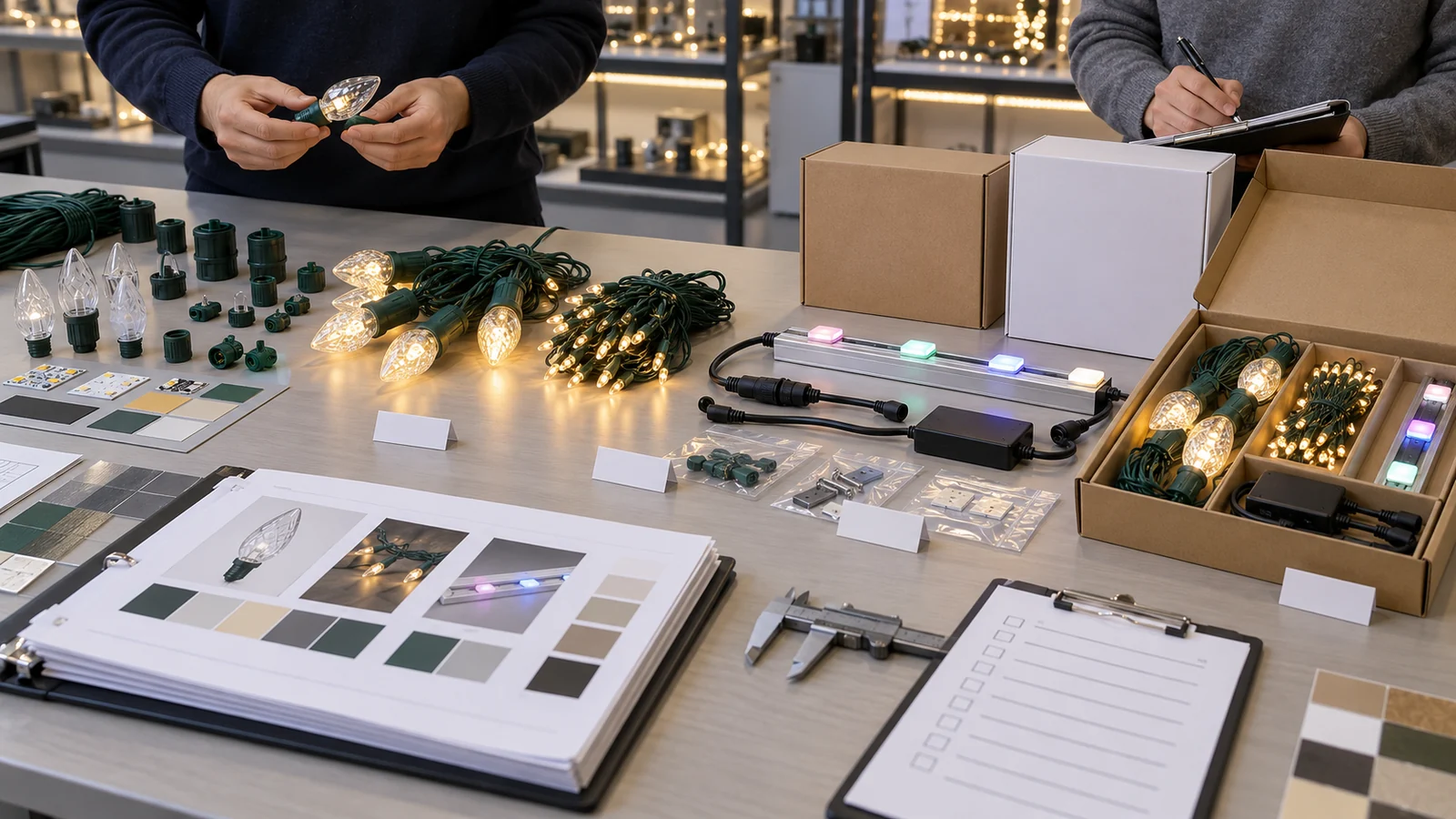 Christmas lighting samples and packaging organized for product development and approval