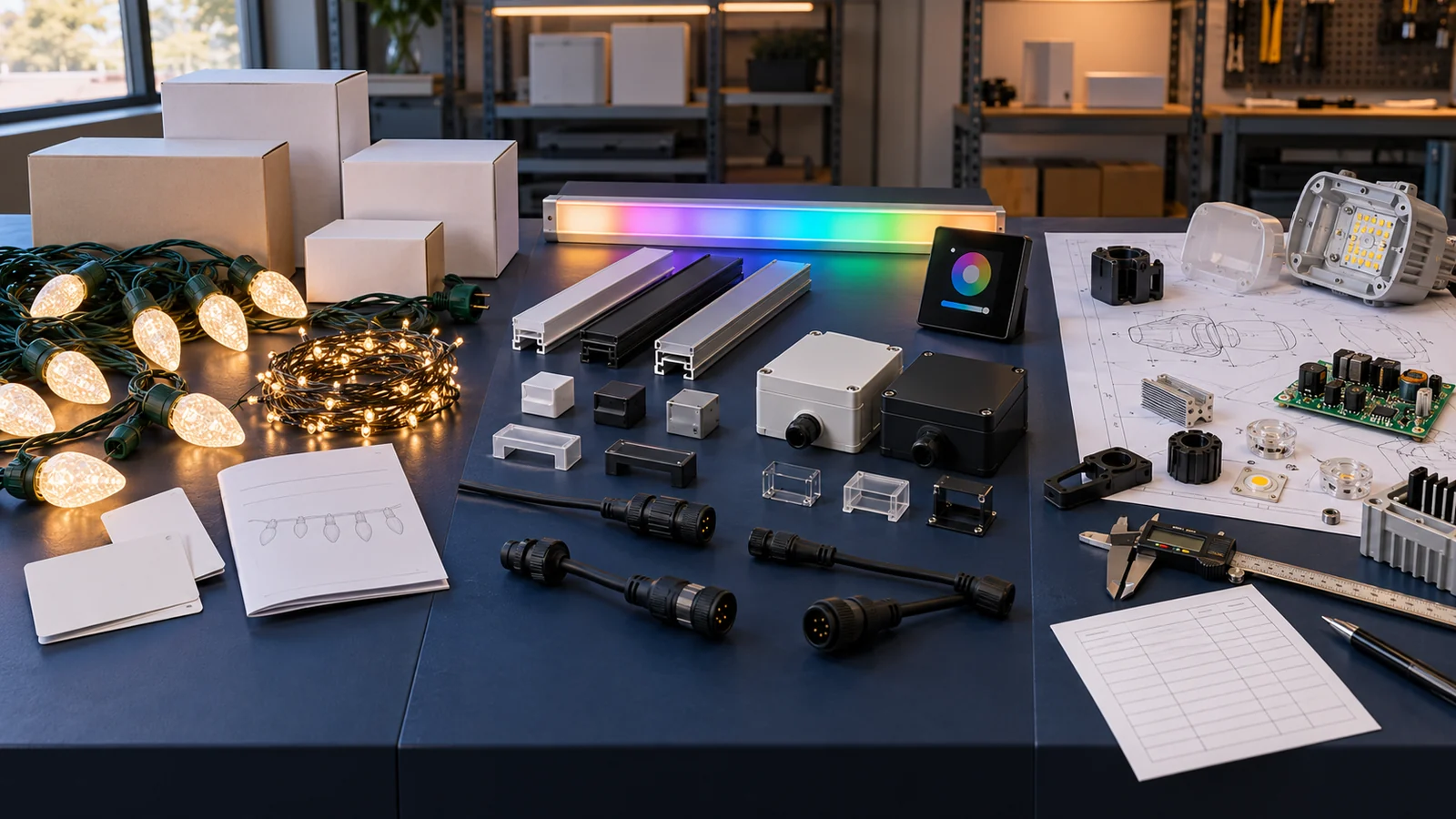 Private label packaging, ODM platform adaptation, and OEM product development shown across three lighting workstations