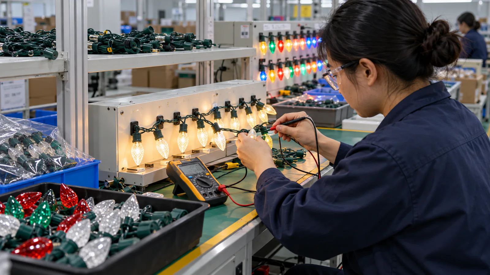 Illustrative Christmas light quality-control inspection with products and test records