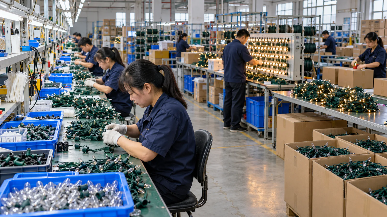 Illustrative Christmas light manufacturing line with organized workstations