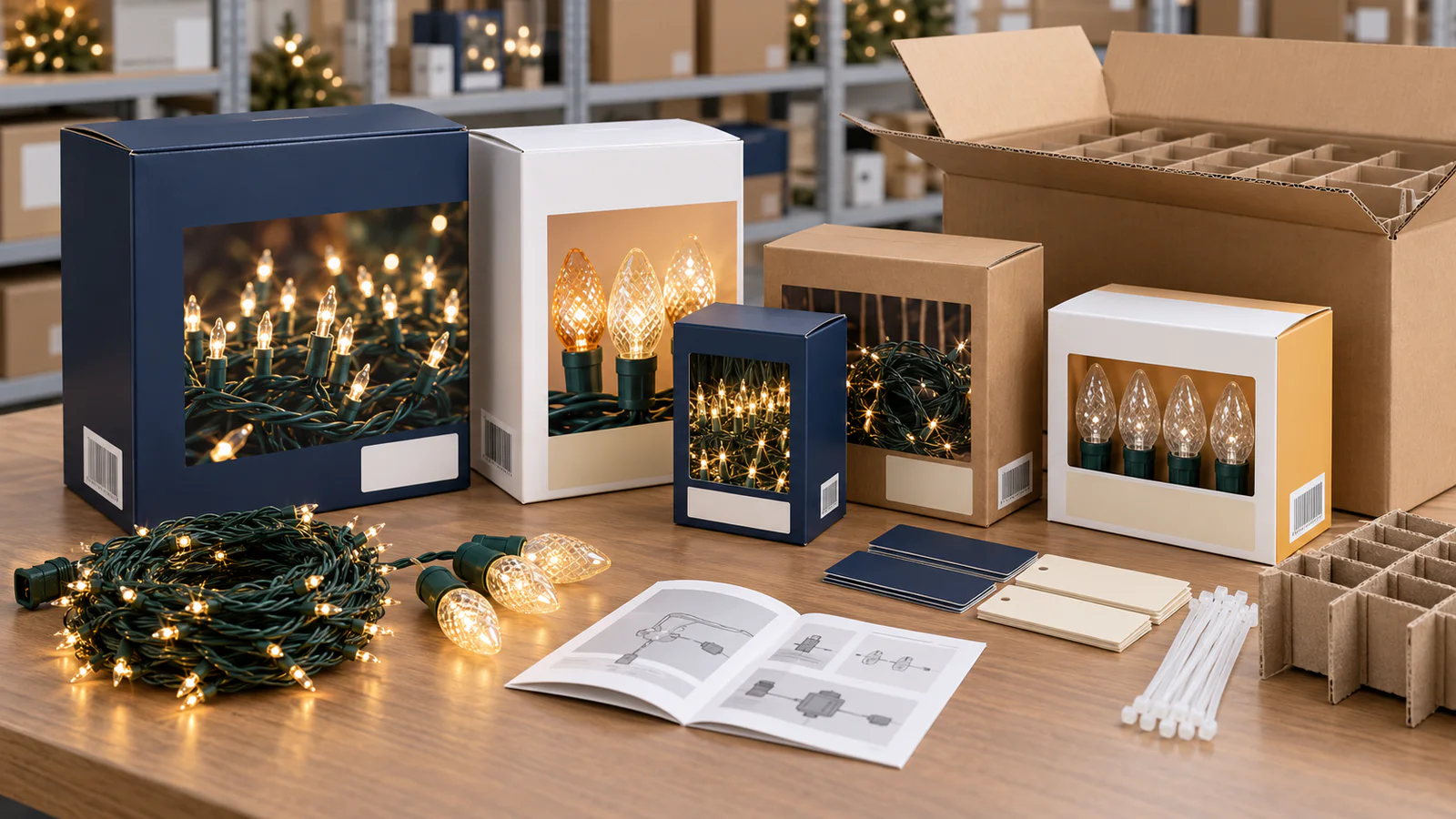 Private label Christmas light packaging, labels, manuals, and carton options