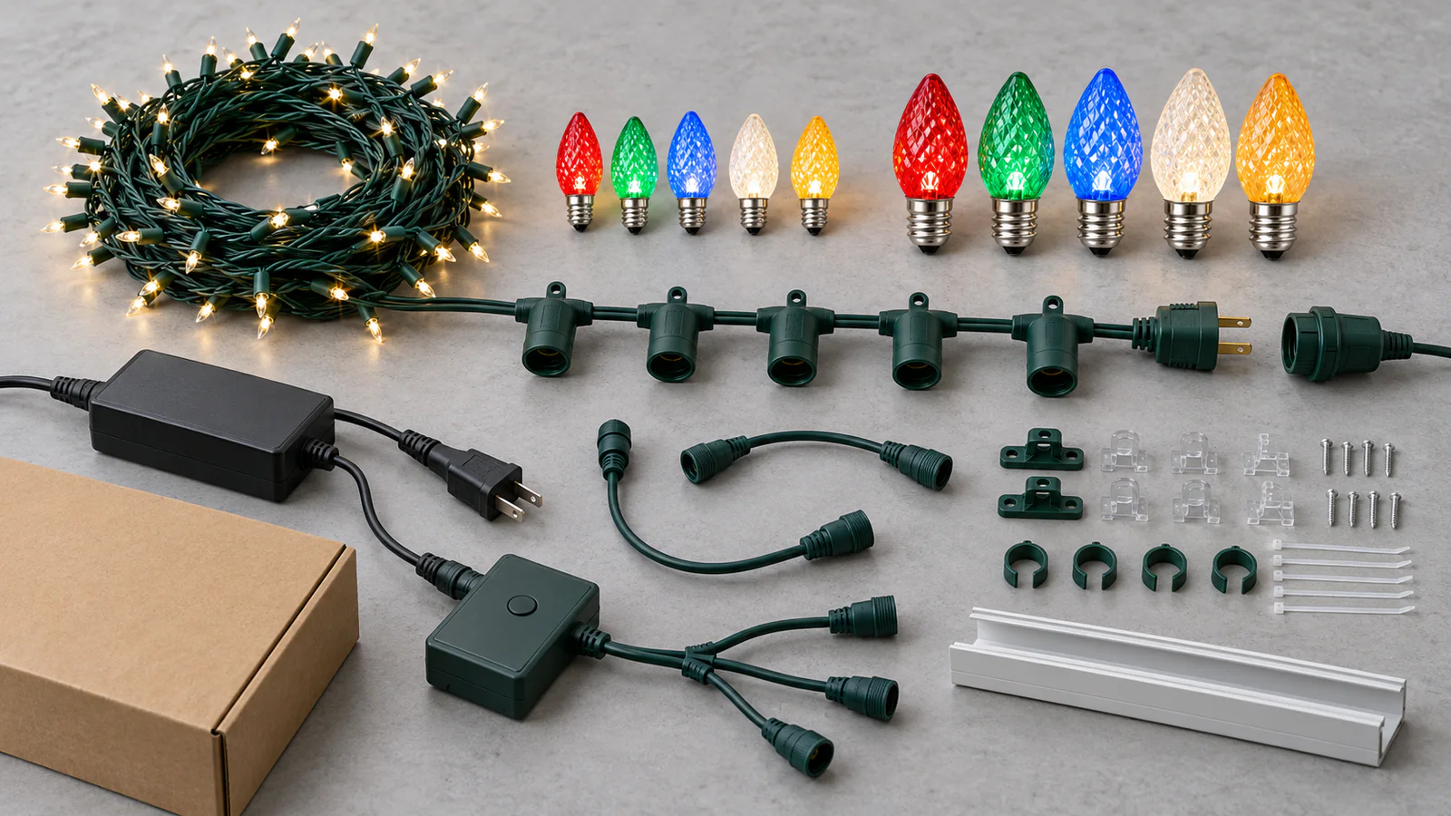 Christmas lighting system components organized for a private label product brief