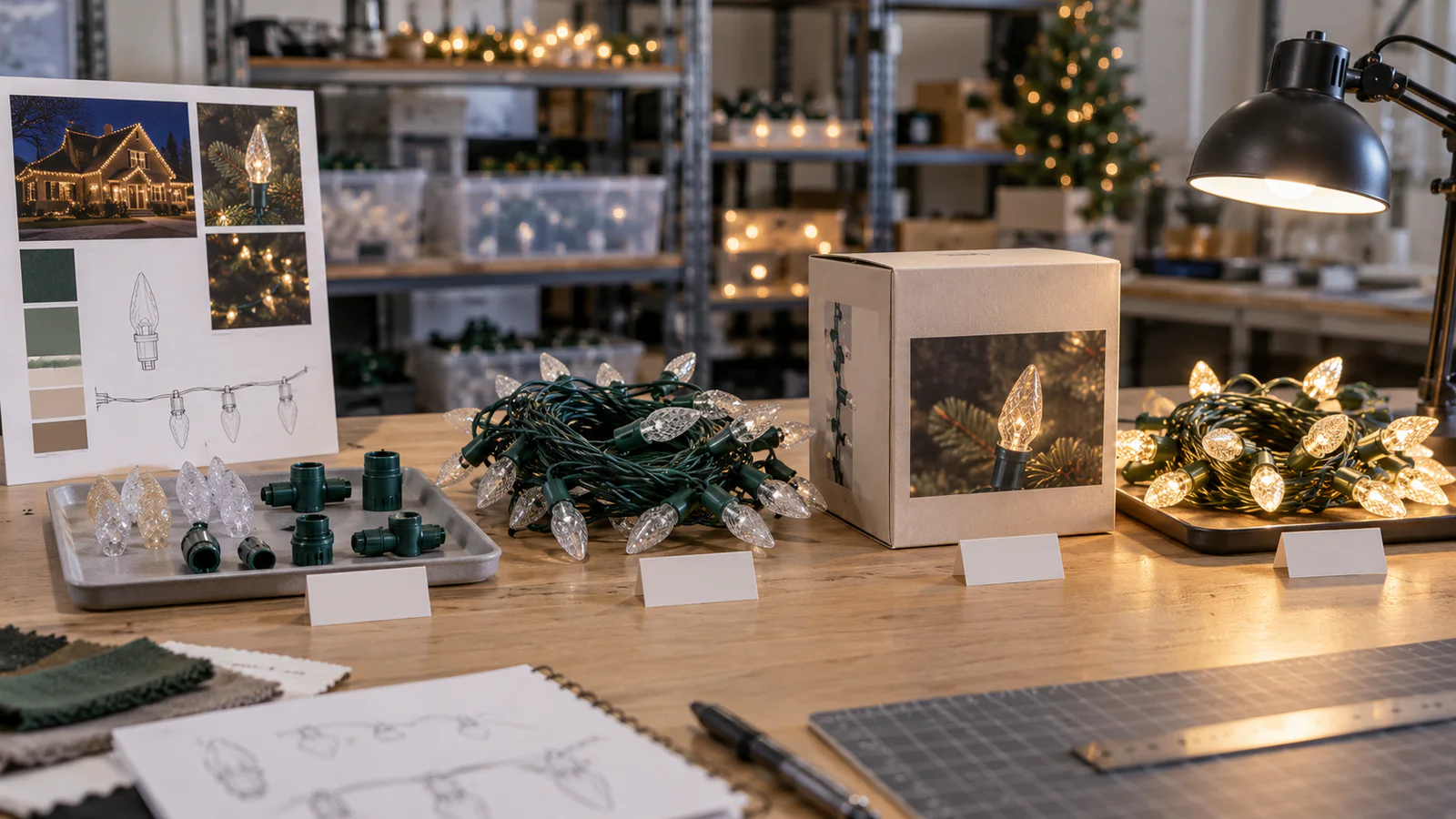 Private label Christmas light samples, specification sheets, and packaging reviewed for approval
